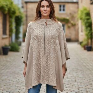 Cupcakes & Cashmere Beige Cozy Chic Cable Knit Zip Poncho Sweater